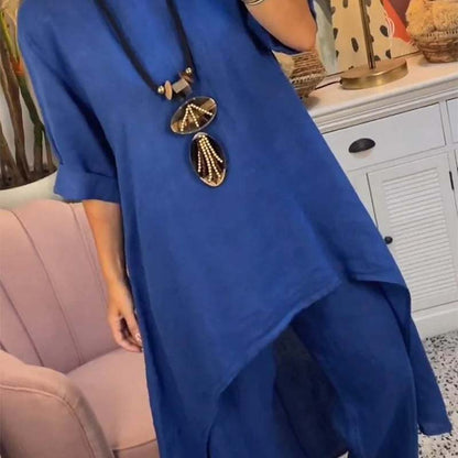 🔥Two-piece suit in cotton and linen, with a round neckline and long sleeves