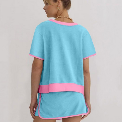 Women's Fashion Color Collision Short Sleeve Top & Shorts 2-Piece Set