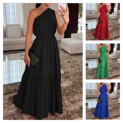 🌸Summer Hot Sale 49%OFF🌸Stylish Solid Color One-Shoulder Ruched Waist Long Dress