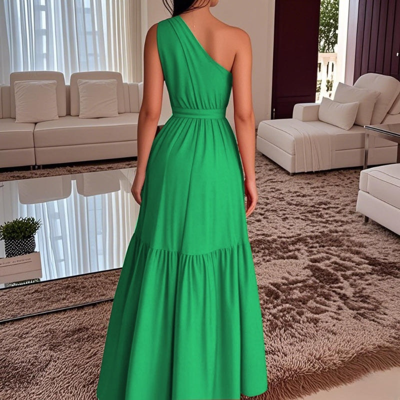 🌸Summer Hot Sale 49%OFF🌸Stylish Solid Color One-Shoulder Ruched Waist Long Dress