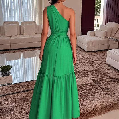 🌸Summer Hot Sale 49%OFF🌸Stylish Solid Color One-Shoulder Ruched Waist Long Dress