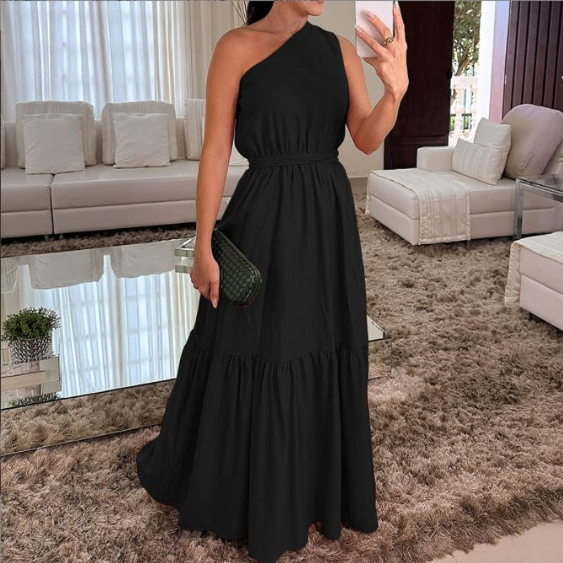 🌸Summer Hot Sale 49%OFF🌸Stylish Solid Color One-Shoulder Ruched Waist Long Dress