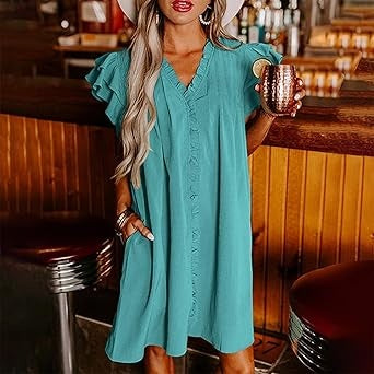 🌴Summer Specials🌴Women's Casual V-Neck Ruffle Pleated Dress