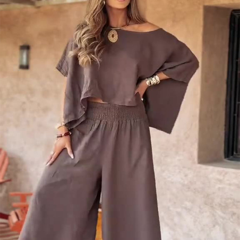 ⏳Time-limited Special💕Women's Causal Off Shoulder Top ＆ Wide-Leg Pants Two-Piece Set