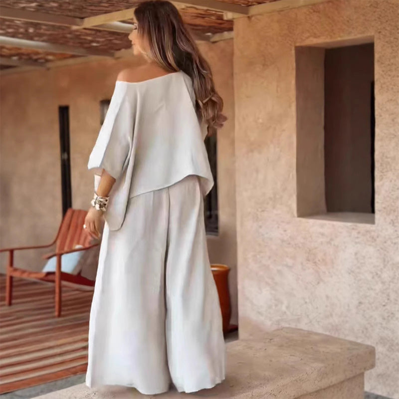 ⏳Time-limited Special💕Women's Causal Off Shoulder Top ＆ Wide-Leg Pants Two-Piece Set