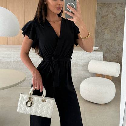 ✨2025 New Arrivals ✨Women's Fashion Solid Color V-Neck Ruffle Sleeve Wide-Leg Jumpsuit
