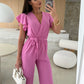 ✨2025 New Arrivals ✨Women's Fashion Solid Color V-Neck Ruffle Sleeve Wide-Leg Jumpsuit