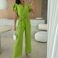 ✨2025 New Arrivals ✨Women's Fashion Solid Color V-Neck Ruffle Sleeve Wide-Leg Jumpsuit