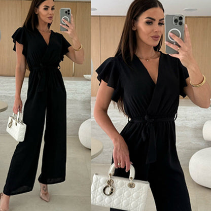 ✨2025 New Arrivals ✨Women's Fashion Solid Color V-Neck Ruffle Sleeve Wide-Leg Jumpsuit