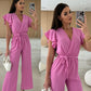 ✨2025 New Arrivals ✨Women's Fashion Solid Color V-Neck Ruffle Sleeve Wide-Leg Jumpsuit