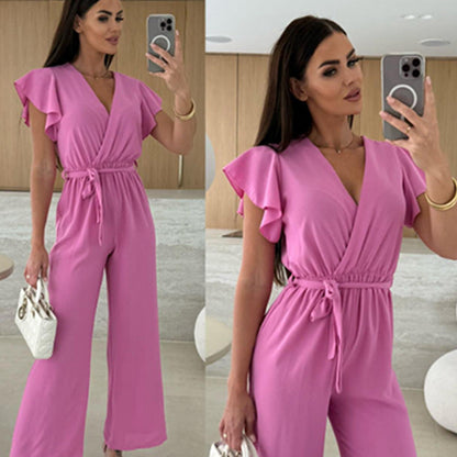 ✨2025 New Arrivals ✨Women's Fashion Solid Color V-Neck Ruffle Sleeve Wide-Leg Jumpsuit