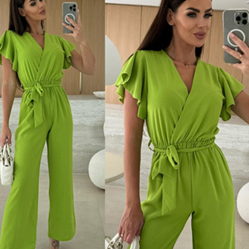 ✨2025 New Arrivals ✨Women's Fashion Solid Color V-Neck Ruffle Sleeve Wide-Leg Jumpsuit