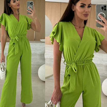 ✨2025 New Arrivals ✨Women's Fashion Solid Color V-Neck Ruffle Sleeve Wide-Leg Jumpsuit