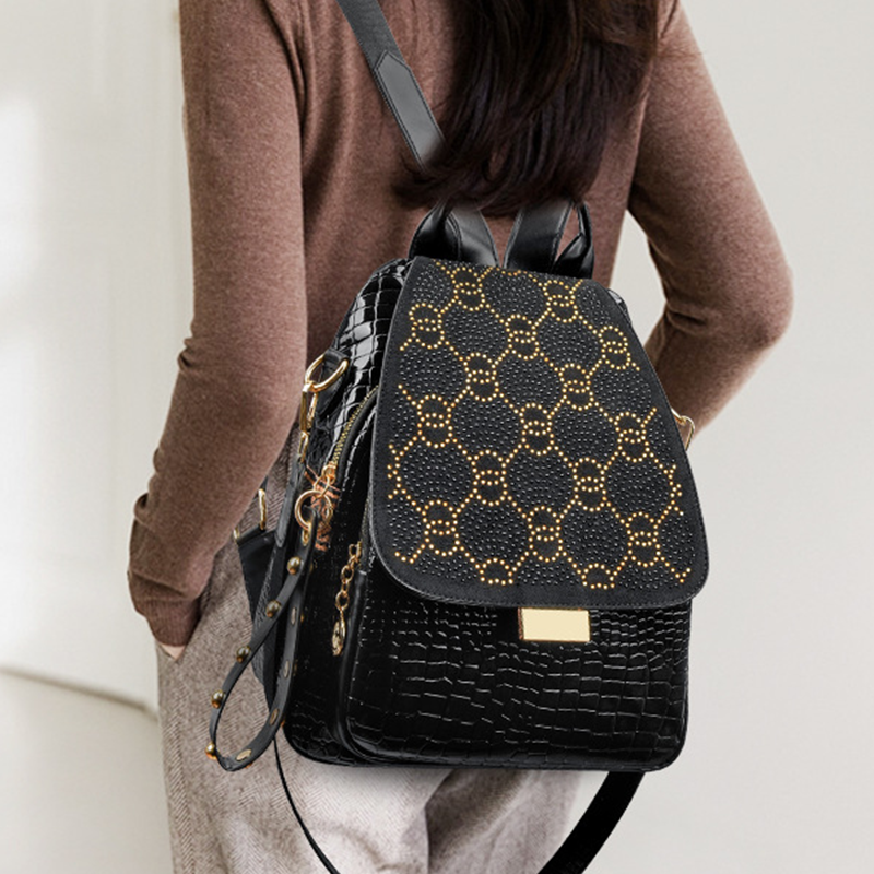 🎒Women's Black Large Capacity Sparkling Rhinestone & Geometric Print Backpack✨