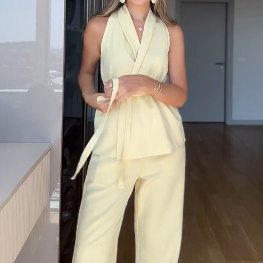 🔥 Summer Hot Sale 🌊 V-Neck Sleeveless Top and Straight-Leg Pants 2-piece suit