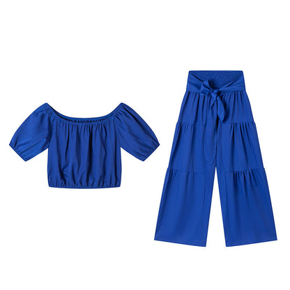 ☀️ 50% OFF NOW! 👗 Off-Shoulder Puff Sleeve Top & Wide-Leg Pants Set – Elegant Summer 2-Piece! 💃