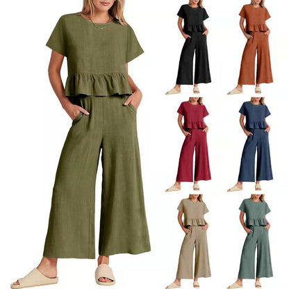 Women’s Casual Short-Sleeves Top & Wide Leg Pants 2-Piece Set
