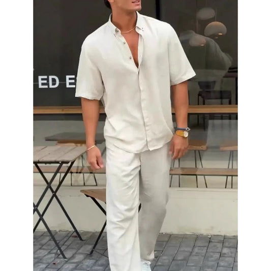 ✨Hot Sale 50% OFF✨Men’s Solid Lapel Short-Sleeve Tops ＆ Pants 2-Piece Set👔