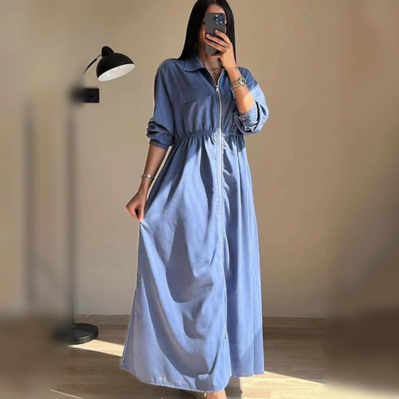 🔥Best Seller🔥Long-Sleeve Zip-Up Dress with Waist Cinching