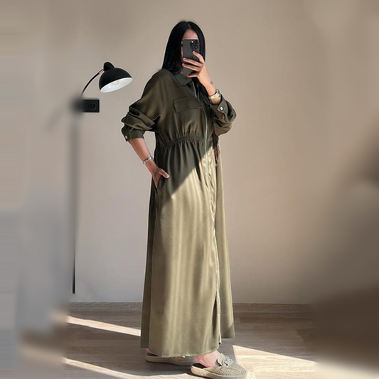 🔥Best Seller🔥Long-Sleeve Zip-Up Dress with Waist Cinching