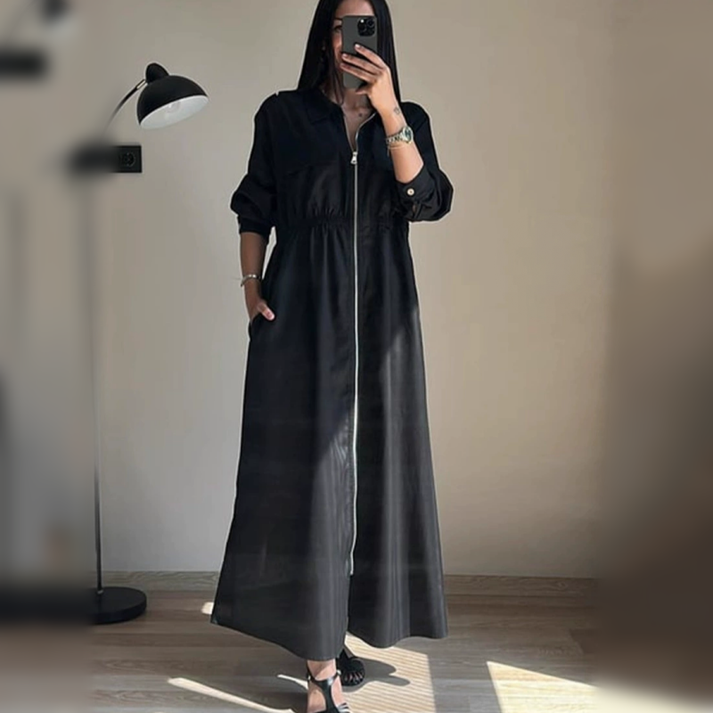 🔥Best Seller🔥Long-Sleeve Zip-Up Dress with Waist Cinching