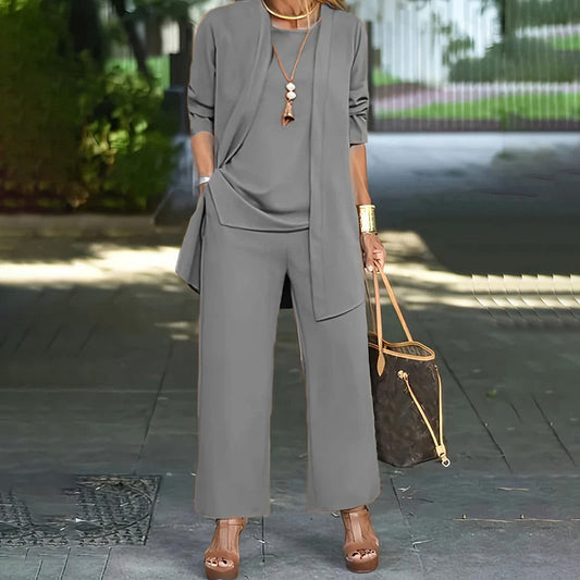 ⏰🔥LIMITED TIME 50% OFF! 💃 Elegant Women’s Relaxed Fit 3-Piece Set – Minimalist Wide-Leg Pants, Cardigan & Top in Luxe Stretch Fabric 🌟👚