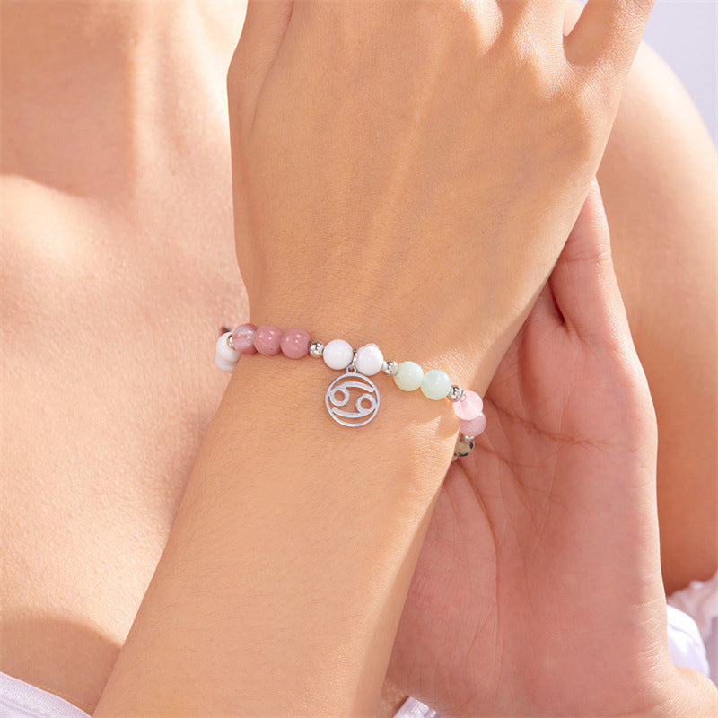 12 Zodiac Stone Beaded Bracelet with Astrological Sign Charm