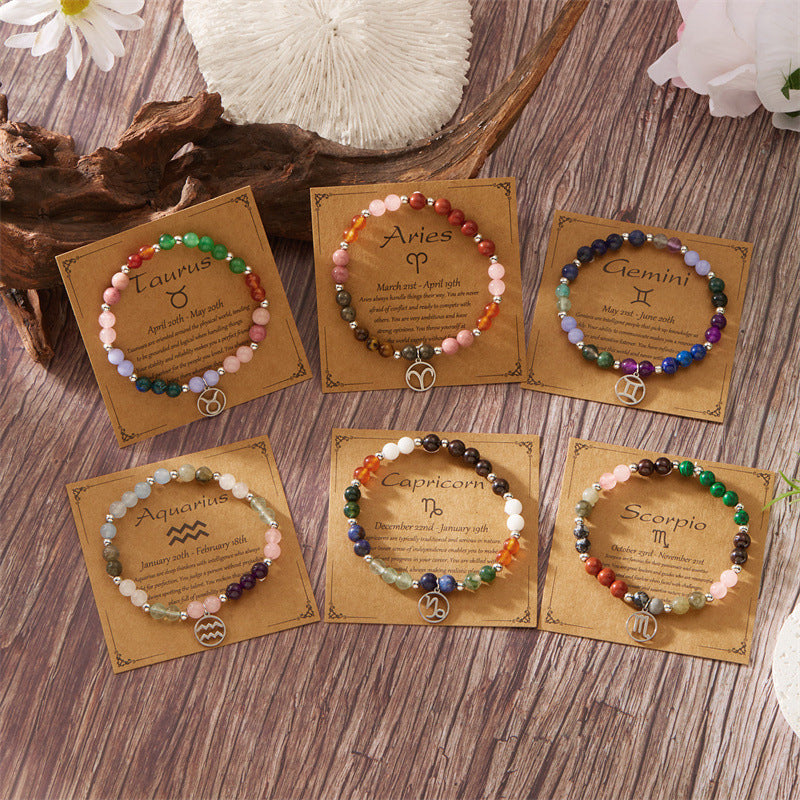 12 Zodiac Stone Beaded Bracelet with Astrological Sign Charm