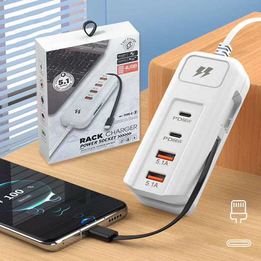 ⚡2026 Hot New Arrivals – Multi-Function Fast Charger 2PD + 2USB! 🔌📱 66W, Built-in Type-C Cable, Safely Charges 4 Devices Simultaneously