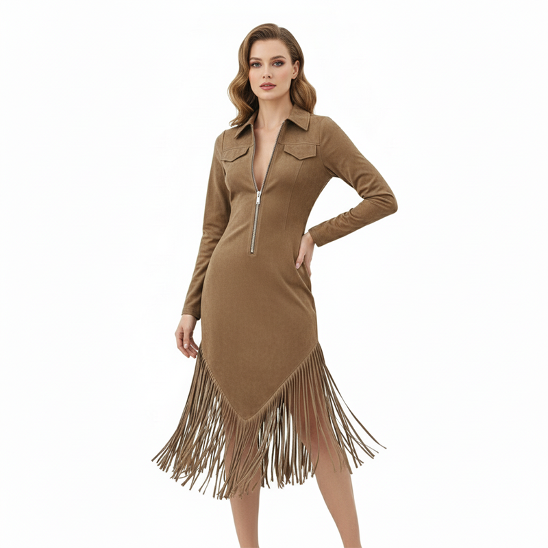 Trending Now⭐👗 Western Fringe Zipper Midi Dress – Body-Contouring Fit & Playful Hem for Effortless Statement Style
