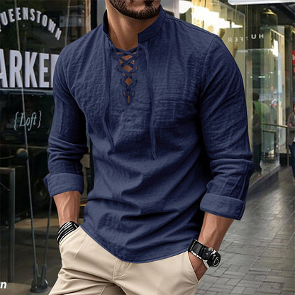 💎 50% OFF! 💎 Men's Casual Solid Color Shirt – Lace-Up Neck, Modern Stand Collar & Breathable Cotton Blend 👔