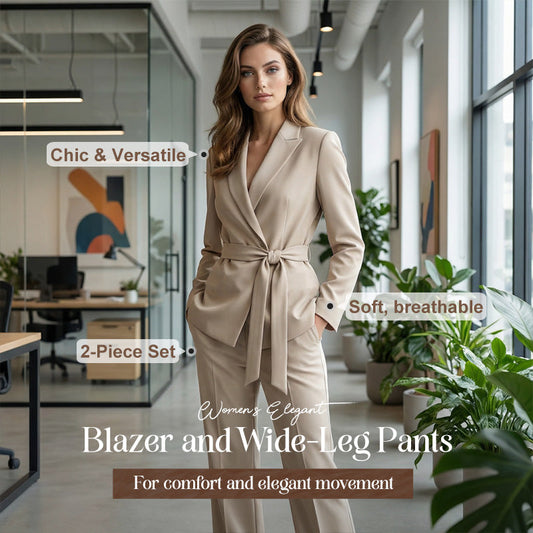 🔥Limited-time 50% off-Women's Elegant Tie-Waist Blazer and Wide-Leg Pants Suit Set