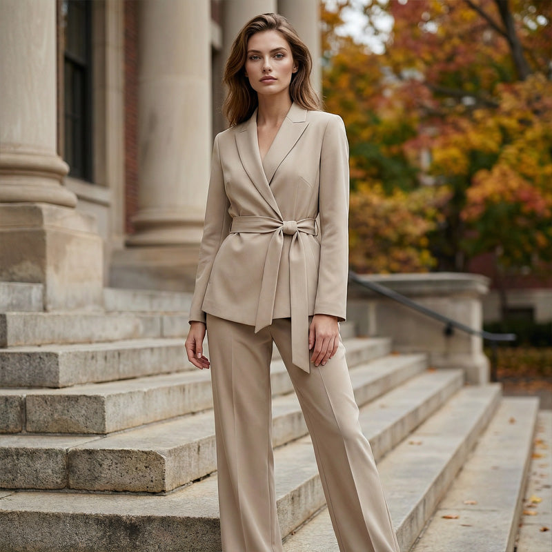 🔥Limited-time 50% off-Women's Elegant Tie-Waist Blazer and Wide-Leg Pants Suit Set