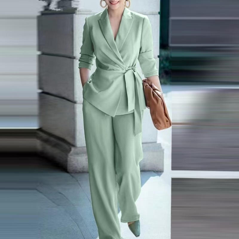 🔥Limited-time 50% off-Women's Elegant Tie-Waist Blazer and Wide-Leg Pants Suit Set