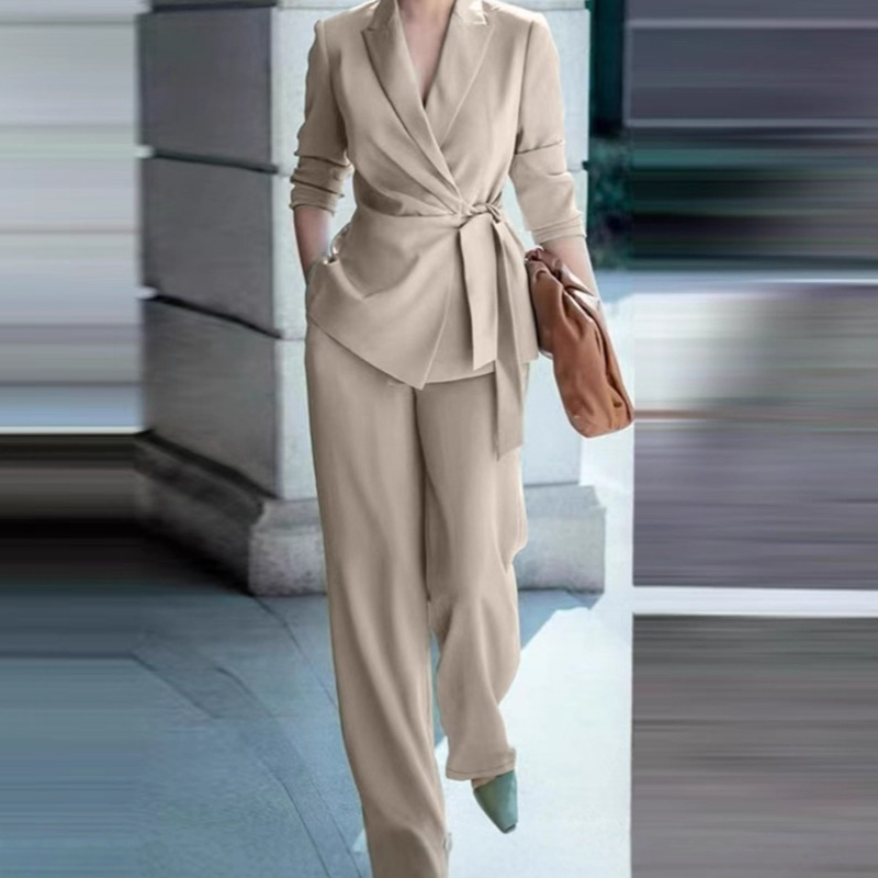 🔥Limited-time 50% off-Women's Elegant Tie-Waist Blazer and Wide-Leg Pants Suit Set