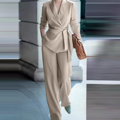 🔥Limited-time 50% off-Women's Elegant Tie-Waist Blazer and Wide-Leg Pants Suit Set