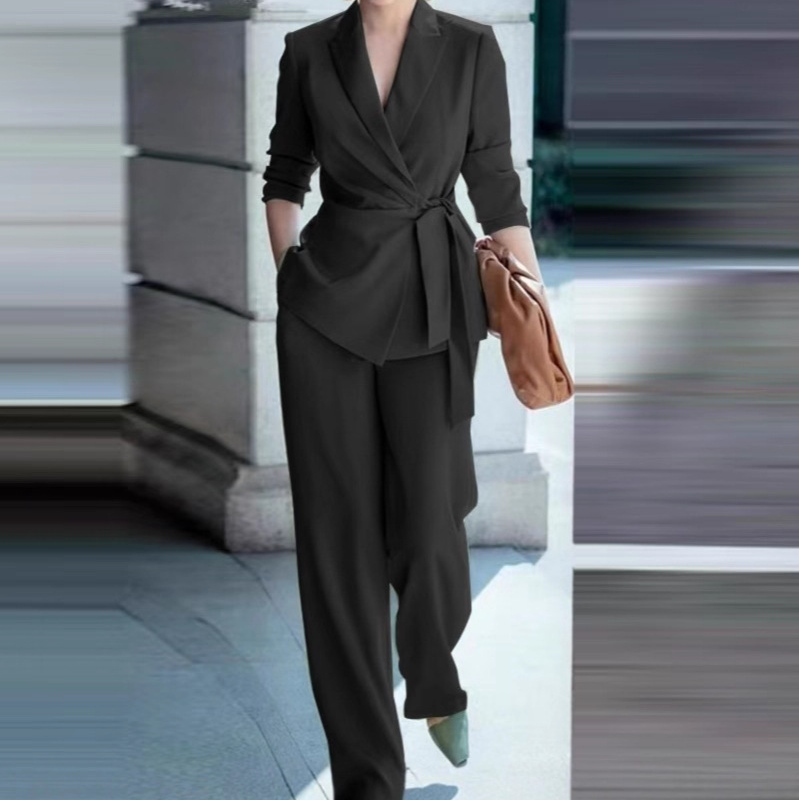 🔥Limited-time 50% off-Women's Elegant Tie-Waist Blazer and Wide-Leg Pants Suit Set