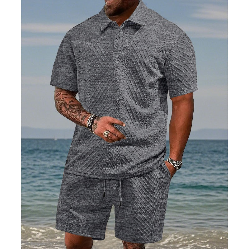 👕 60% OFF NOW! 🔥 Men's Diamond Pattern Turn-Down Collar Short Sleeve Top & Drawstring Shorts 2-Piece Set – Trendy Print, Comfort Fit & Casual Style 🩳