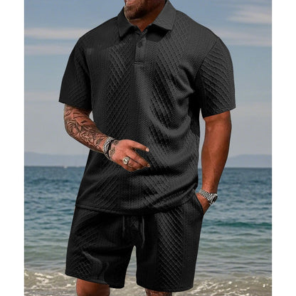 👕 60% OFF NOW! 🔥 Men's Diamond Pattern Turn-Down Collar Short Sleeve Top & Drawstring Shorts 2-Piece Set – Trendy Print, Comfort Fit & Casual Style 🩳