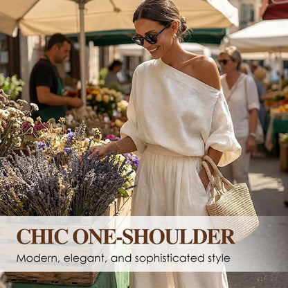 💎 55% OFF! 💎 Women's Asymmetrical One-Shoulder Top & Pants Set – Flowy, Pockets & Cinched Waist for Effortless Elegance 👗✨
