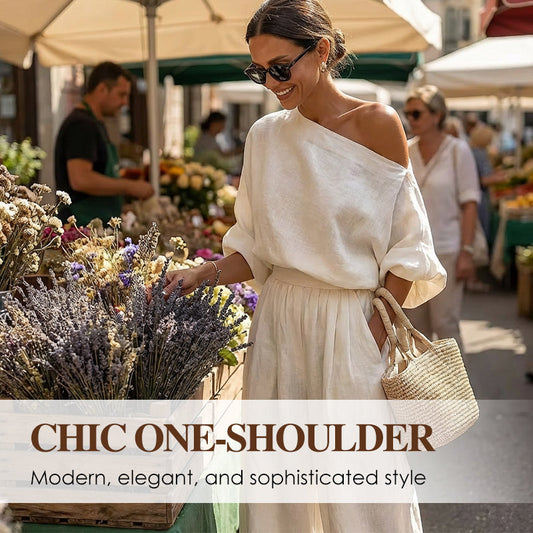 💎 55% OFF! 💎 Women's Asymmetrical One-Shoulder Top & Pants Set – Flowy, Pockets & Cinched Waist for Effortless Elegance 👗✨