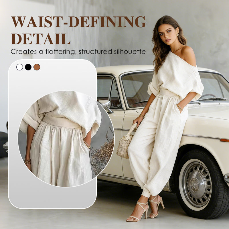 💎 55% OFF! 💎 Women's Asymmetrical One-Shoulder Top & Pants Set – Flowy, Pockets & Cinched Waist for Effortless Elegance 👗✨