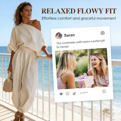 💎 55% OFF! 💎 Women's Asymmetrical One-Shoulder Top & Pants Set – Flowy, Pockets & Cinched Waist for Effortless Elegance 👗✨