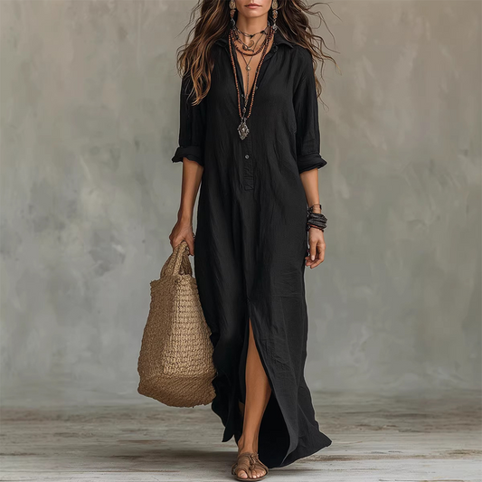 Casual, loose-fitting, long cotton-linen dress with a front slit