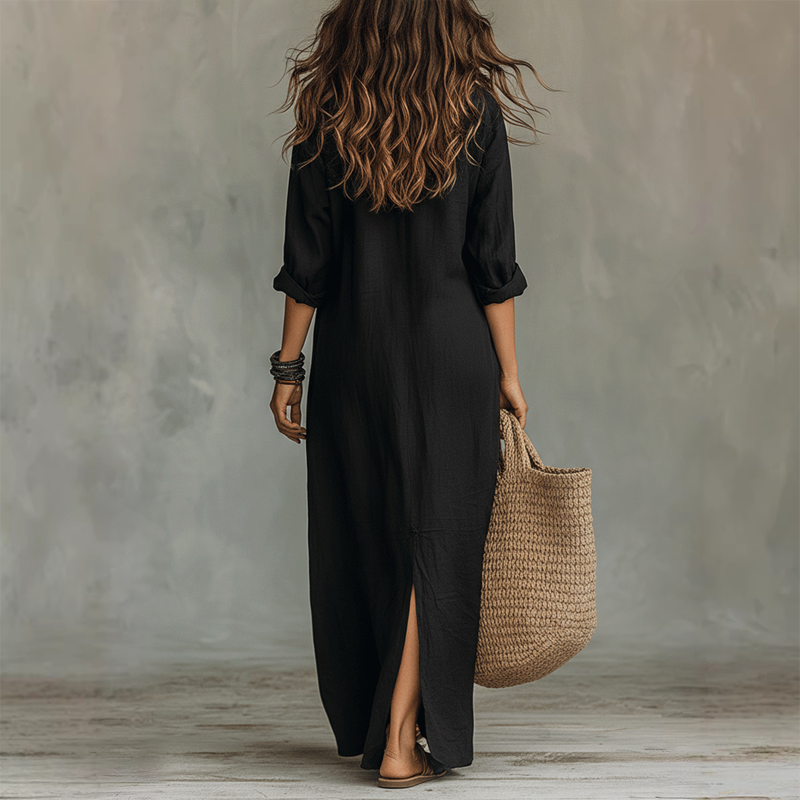 Casual, loose-fitting, long cotton-linen dress with a front slit