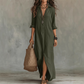 Casual, loose-fitting, long cotton-linen dress with a front slit