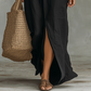 Casual, loose-fitting, long cotton-linen dress with a front slit