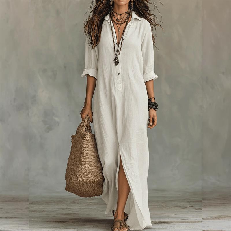 Casual, loose-fitting, long cotton-linen dress with a front slit