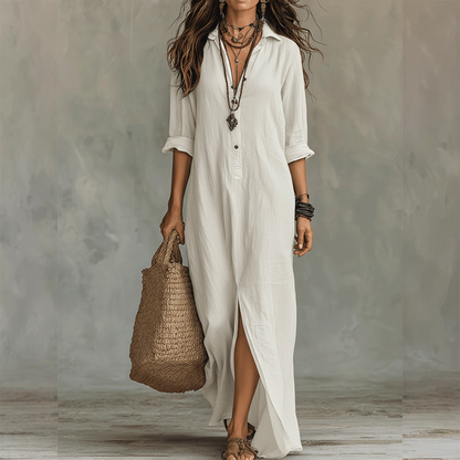 Casual, loose-fitting, long cotton-linen dress with a front slit
