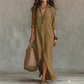 Casual, loose-fitting, long cotton-linen dress with a front slit